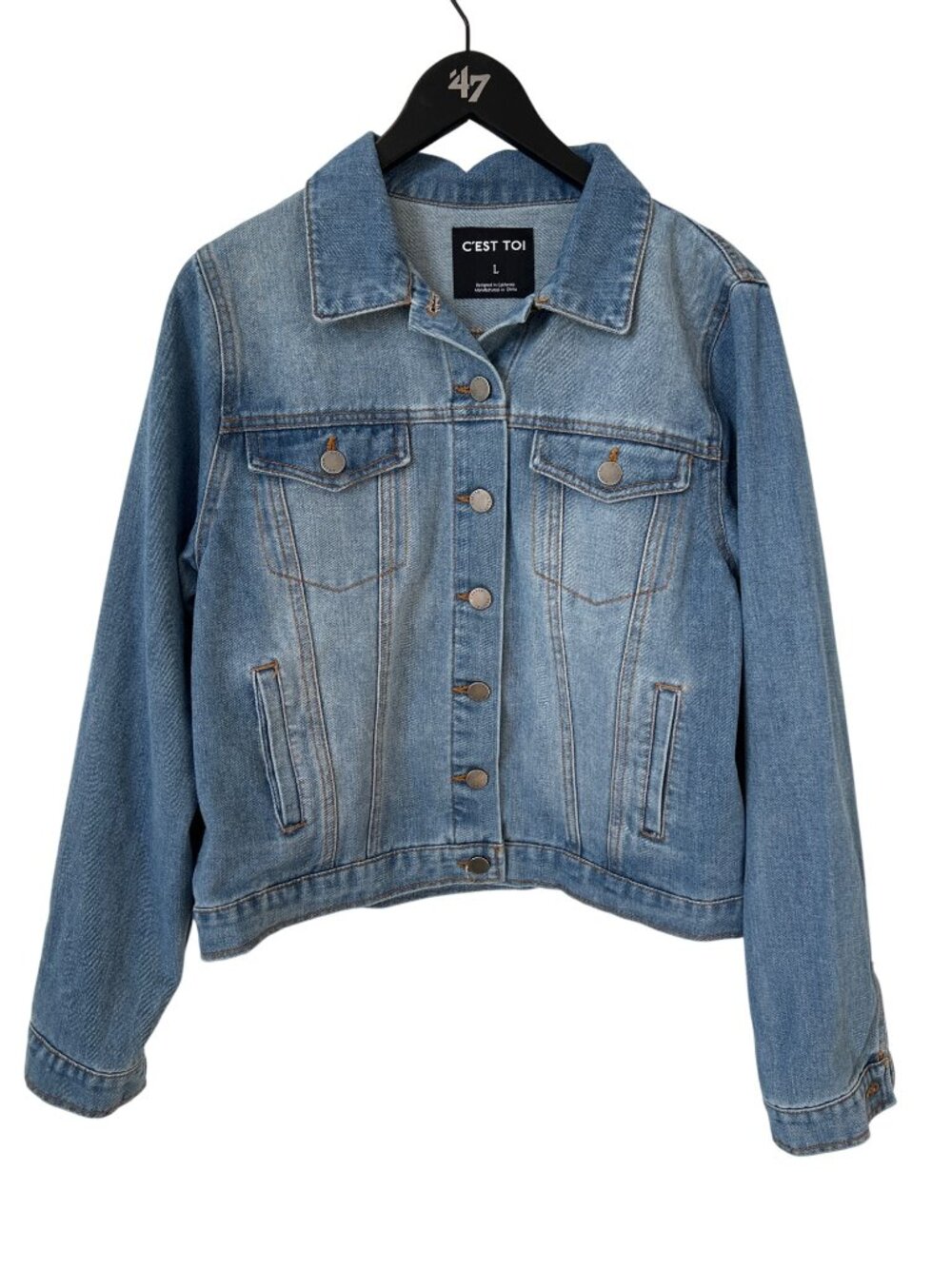 C'est Toi Jacket Large Denim Trucker Button Front Blue Medium Wash Retro Y2K